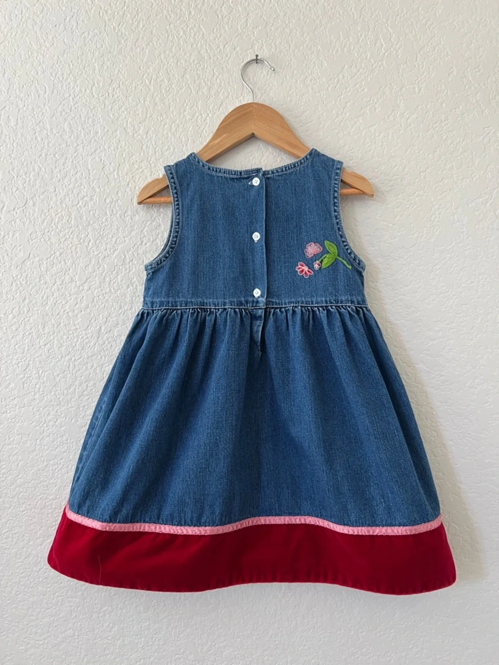 Baby Gap Y2K Denim Jumper Dress Girls 4 Years Embroidered Floral Velvet Hem